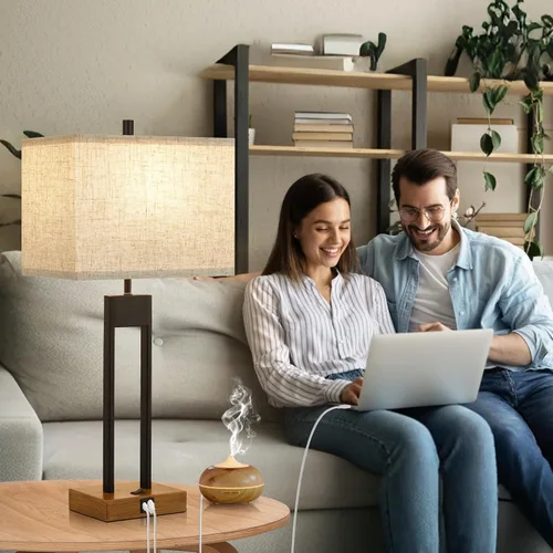 Vista 4 de GyroVu Juego de 2 lámparas de mesa modernas para dormitorio de 25.5'' con puertos USB C+A, cambio de color, lámparas de noche color marrón