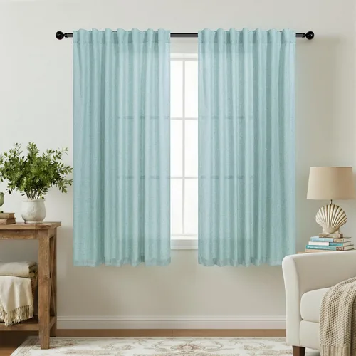 Vista 104 de Cortinas rústicas color beige tostado de 42 x 84 pulgadas de largo para sala de estar, juego de 2 paneles transparentes de lino natural, imitación