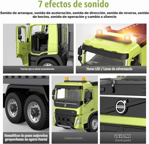 Vista 4 de DOUBLE E Volvo FMX - Camión volquete RC a escala 1:20, función completa (movimiento de 360°/elevación/volteo), antiinterferencias de 2.4 GHz, luces