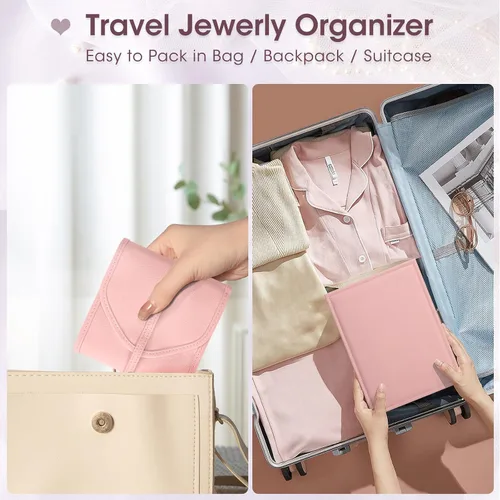 Vista 6 de Joyero organizador para mujeres y niñas, 2 capas de viaje con rollo de joyería plegable, juego de almacenamiento de joyas de cuero para anillos