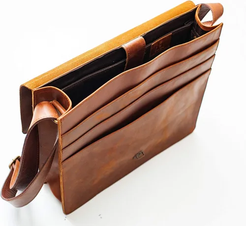 Vista 13 de HIDES Bolso bandolera de cuero de grano completo para computadora portátil, bandolera de viaje