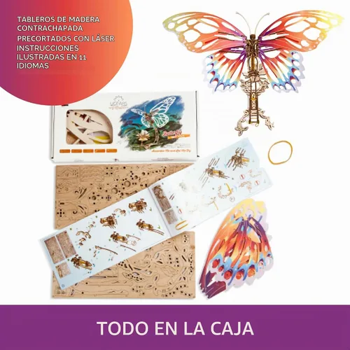 Vista 5 de Ugears Rompecabezas 3D de madera para adultos, kit de modelo mecánico de rompecabezas de mariposa, rompecabezas de madera 3D para adultos autómata