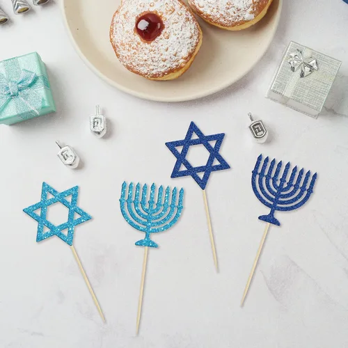 Vista 3 de Gyufise 24 decoraciones para cupcakes de Feliz Hanukkah Star of David, decoraciones para fiestas de Hanukkah, suministros de fiesta temática