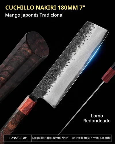 Vista 5 de kanngou Cuchillo Nakiri de chef japonés de 7 pulgadas, cuchillo de chef japonés AUS-8 de acero aleado vegetal con sándalo rojo y mango de madera
