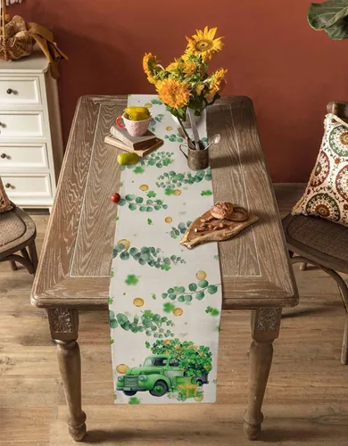 Vista 4 de Camino de mesa de algodón con trébol de la suerte, día de San Patricio, diseño retro de tréboles, hojas de eucalipto, mantel de hojas de eucalipto