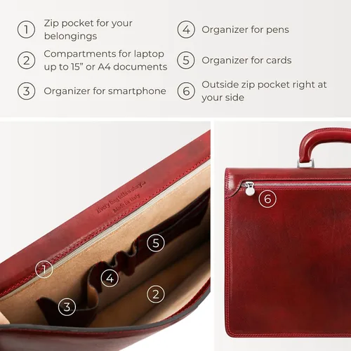 Vista 5 de Time Resistance Leather Briefcase - Italian Handmade Leather Laptop Bag - Handbag for Men - Professional Computer Case