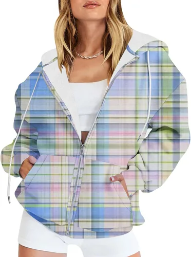 Vista 2 de Sudadera Y2K de gran tamaño para mujer, manga larga, con cremallera, cordón a cuadros, sudadera con capucha y ajuste holgado, ropa Y2K