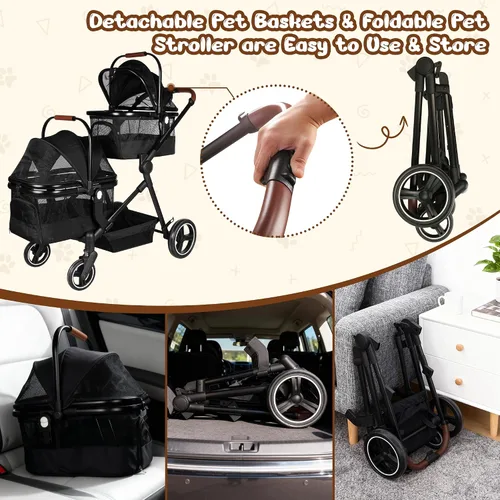 Vista 7 de Carriola doble plegable para mascotas para 2 gatos y perros pequeños y medianos, carriola integrada ligera para mascotas, individual y doble