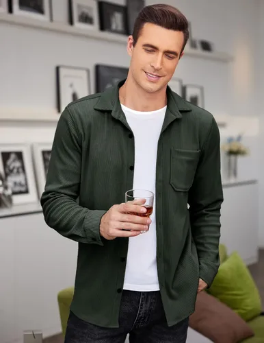 Vista 4 de COOFANDY Camisa de pana para hombre, estilo chaqueta ligera, de manga larga, con botones