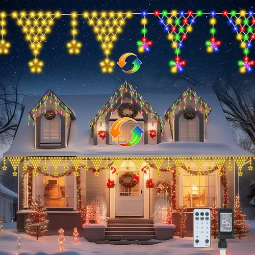 Vista 8 de Guirnalda de luces de Navidad para exteriores, impermeable, 218 LED de 13.8 ft, cortina de luces de hadas con 12 gotas conectables, alambre