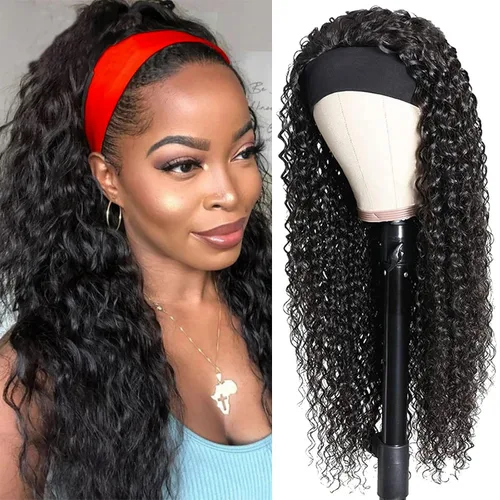 Vista 29 de Peluca de cabello humano con diadema de ondas profundas, sin pegamento, pelucas de cabello rizado sin encaje frontal, pelucas de cabello humano