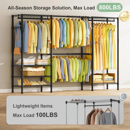 Vista 2 de SEMHOR E06 - Perchero extensible resistente para armario vertical, estantes de ropa independientes con estantes, sistema organizador de armario