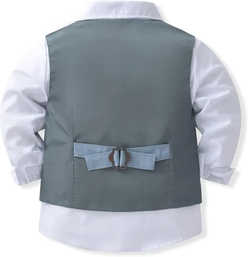 Vista 4 de Sholeno Traje de caballero para bebés y niños, chaleco con dobladillo puntiagudo, pajarita, boda, fiesta, manga larga, camisa y pantalones, conjunto
