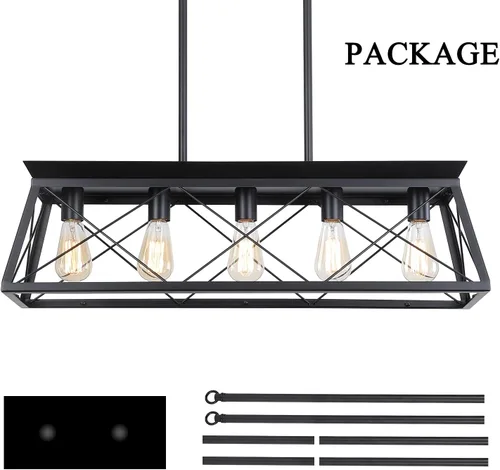 Vista 5 de Candelabros de granja para comedor, lámpara rústica para isla de cocina, lámpara colgante lineal de 5 luces, lámpara rectangular, luces de techo