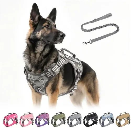 Vista 12 de Arnés táctico para perros grandes con correa, arnés ajustable sin tirones, chaleco de trabajo K9 reflectante para mascotas para caminar, Verde
