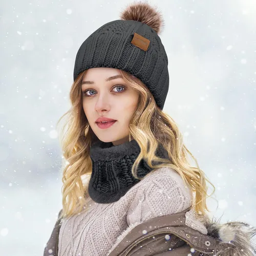 Vista 5 de Conjunto de gorro y bufanda de invierno para mujer, 3 piezas, grueso y cálido, gorro de calavera, guantes para pantalla táctil