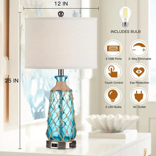 Vista 4 de Ruzectt Lámparas de mesa de cristal costero, lámparas de noche regulables de 3 vías con control táctil con 2 puertos USB y salida de CA, lámparas