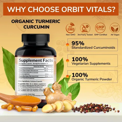 Vista 4 de Curcumina de cúrcuma con pimienta negra y jengibre 2250 mg – Suplemento de cúrcuma ultra potente con 95% de curcuminoides y bioperina para apoyo