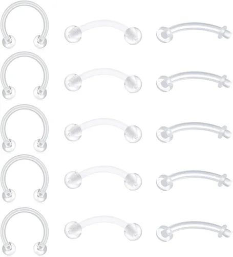 Vista 11 de FECTAS Aretes de plástico flexible transparente de 16G y 14G, anillos para cejas, barras curvadas, retenedores para piercing de vientre, 15