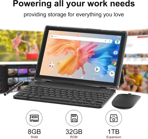 Vista 5 de Tablet Android 15, tabletas de 10 pulgadas, tabletas 2 en 1 con funda de teclado 8GB RAM+32GB ROM/2TB Expandible, Pantalla IPS 1280x800, 5G