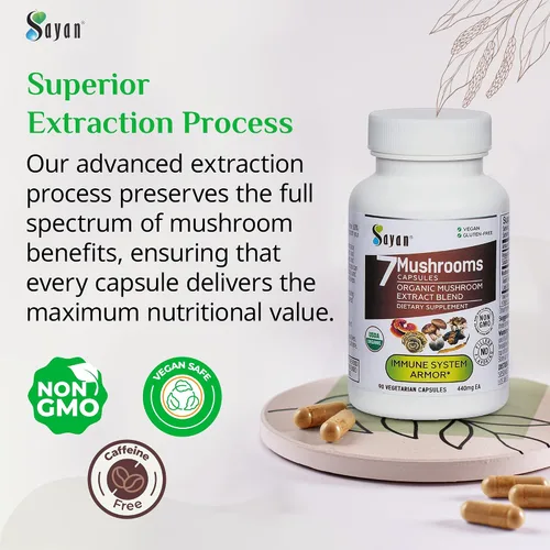 Vista 3 de Sayan 7 Extracto de hongos 90 cápsulas/440 mg ea – Apoyo inmunológico y energía – Chaga orgánico, Reishi, melena de león, maitake, shiitake, mezcla