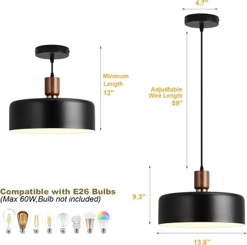 Vista 4 de Lámparas colgantes modernas de madera maciza, candelabros vintage martillados grandes de 13.8 pulgadas, lámpara colgante con acabado negro, lámparas