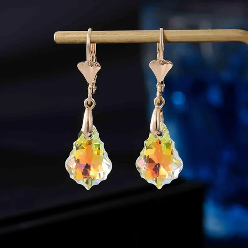 Vista 5 de Aretes de cristal austriaco barroco con cierre de palanca para mujer, joyería hipoalergénica chapada en oro de 14 quilates