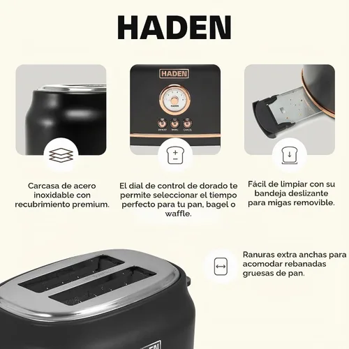 Vista 3 de Haden Dorset - Tostadora de acero inoxidable de 2 rebanadas de ranura ancha con control de tostado ajustable y pies antideslizantes, color negro