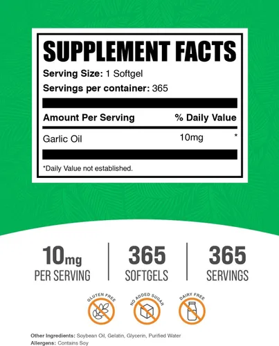Vista 2 de BulkSupplements.com Aceite de Ajo en Cápsulas Blandas - Suplemento de Ajo Envejecido, Sin Olor - Sin Gluten, 1 Cápsula Blanda por Porción (10mg)