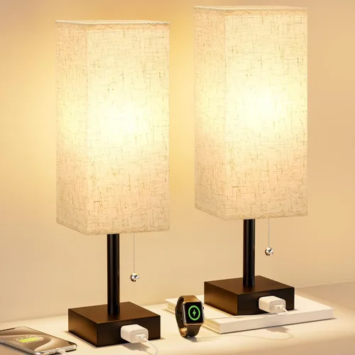 Vista 21 de Fenmzee Juego de 2 lámparas de noche para dormitorio, pequeña lámpara rectangular para mesita de noche con puerto de carga USB A C, luz