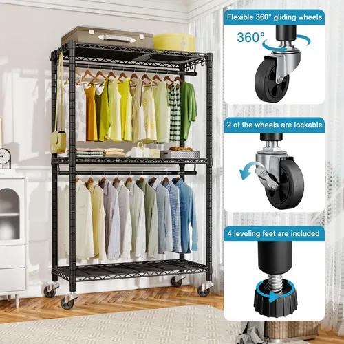 Vista 4 de FUTASSI P3 Perchero Enrollable, Estantes para Colgar Ropa, Perchero Resistente con Ruedas, Organizador de Clóset Portátil Independiente de 39.4