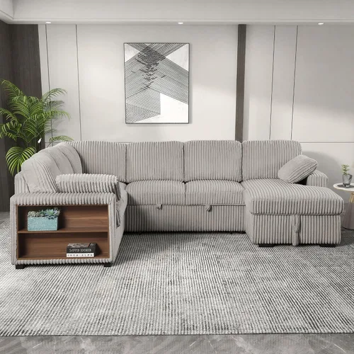 Vista 4 de Sofá cama modular convertible en forma de U de gran tamaño con sofá cama extraíble, sofá esquinero tapizado de pana de 6 plazas, sofá cama con diván