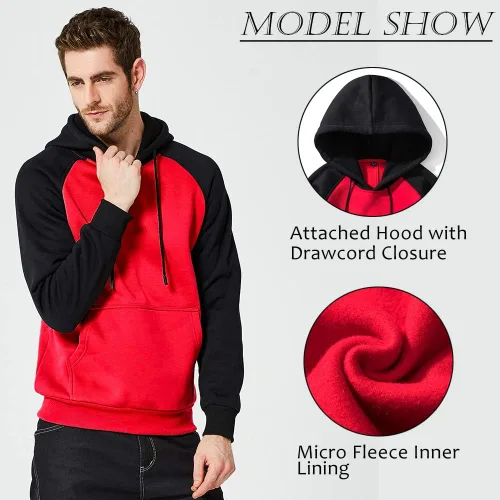 Vista 3 de Sudadera con manga larga estilo raglán en contraste, con forro polar, con capucha y bolsillo tipo canguro, para hombre