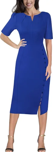 Vista 2 de VFSHOW Vestido midi plisado con cuello en V y muesca para mujer, con botones divididos, para el trabajo, oficina, negocios, ajustado, tubo