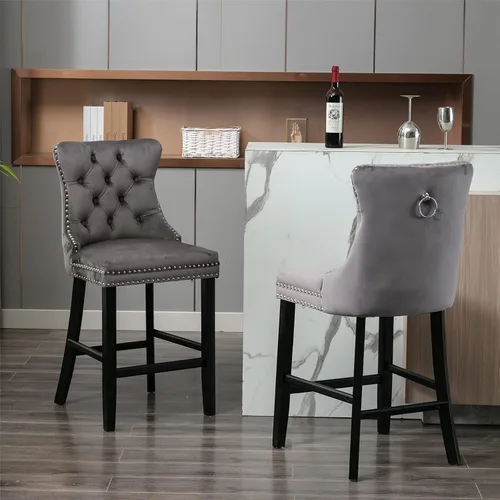 Vista 14 de Juego de 2 Sillas de Comedor, Modernos Taburetes de Bar Tapizados de Terciopelo con Decoración de Botones Capitoné y Patas de Madera, Ribete