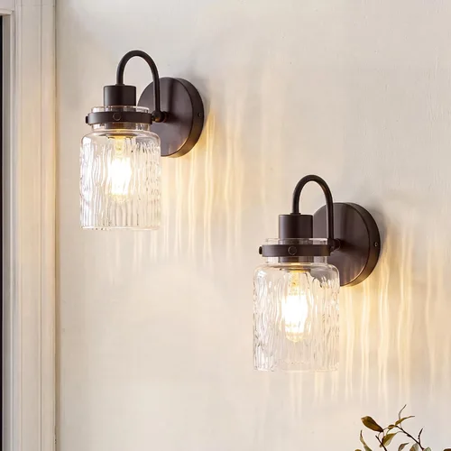 Vista 11 de 2 luces de tocador de baño, lámparas de baño de níquel cepillado con pantalla de vidrio martillado para tocador, sobre espejo, pasillo