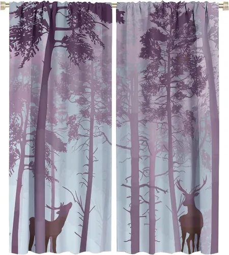 Vista 11 de Cortinas opacas con diseño de ciervos, bosque brumoso, rústico, vida silvestre, alce, montaña, pájaros, pino, bosque, cortinas de ventana