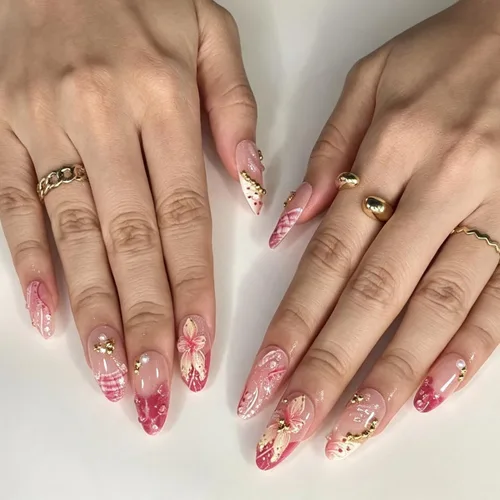 Vista 33 de Uñas postizas a presión de almendra, uñas postizas medianas con diseños de estampado francés de lámina dorada 3D, pegamento dorado Starlight en uñas