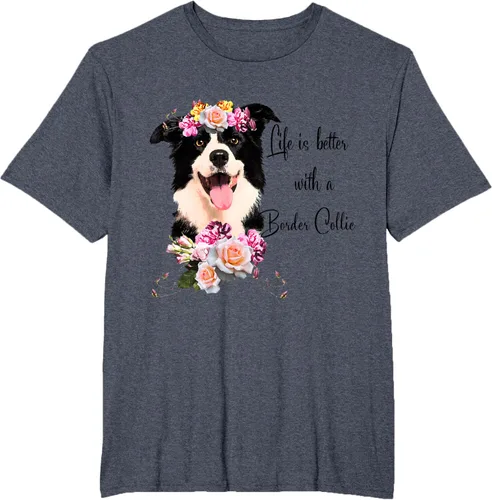 Vista 81 de Life is Better With a Border Collie - Camiseta de perro lindo con flores, gris, S Gris Oscuro