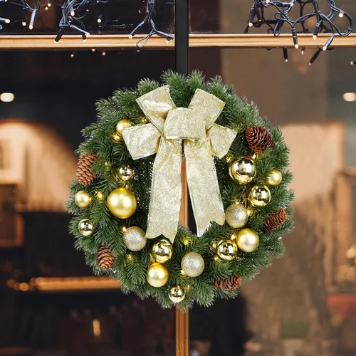 Vista 7 de Hausse - Corona de Navidad iluminada con colgador de metal, corona de Navidad pre-iluminada con lazo dorado grande y bolas, funciona