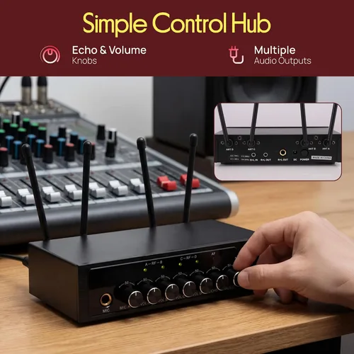 Vista 6 de Pyle Micrófonos inalámbricos, micrófonos duales UHF profesionales para karaoke, sistema de micrófono dinámico inalámbrico con receptor recargable
