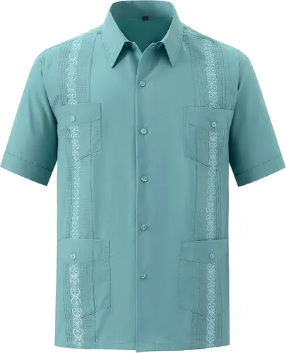 Vista 6 de Camisas guayabera de manga corta para hombre con botones para playa cubana