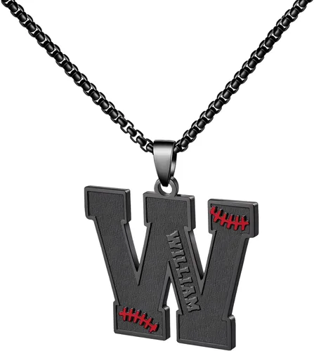 Vista 40 de Ldurian Collar personalizado con nombre de béisbol, cadena negra de acero inoxidable, collar con nombre deportivo, letra A-Z de 24 pulgadas, regalos