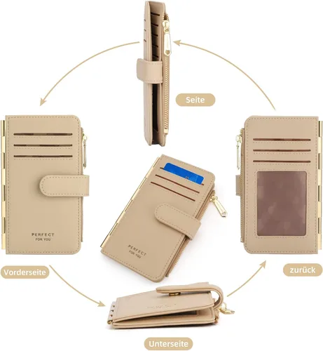 Vista 3 de PERFECB - Cartera para mujer, con bloqueo RFID, delgada, plegable, para tarjetas de crédito, simple con cremallera, Caqui, Tarjetero Wellet