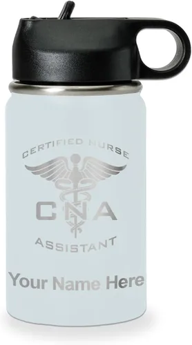 Vista 73 de LaserGram Botella de agua personalizada, asistente de enfermería certificada por la CNA, acero inoxidable de doble pared aislada al vacío con popote