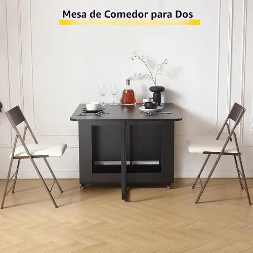 Vista 7 de Mesa de Comedor Plegable con Dos Cajones para 4/6 con Mesa de Hoja Abatible que Ahorra Espacio, Ruedas Bloqueables y Almacenamiento, Superficie