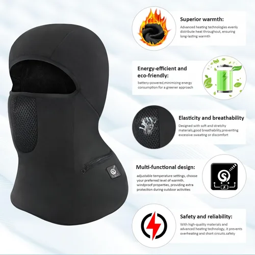 Vista 3 de Pasamontañas de esquí con calefacción para hombres y mujeres, máscara facial eléctrica con calefacción, invierno al aire libre, negro, resistente al