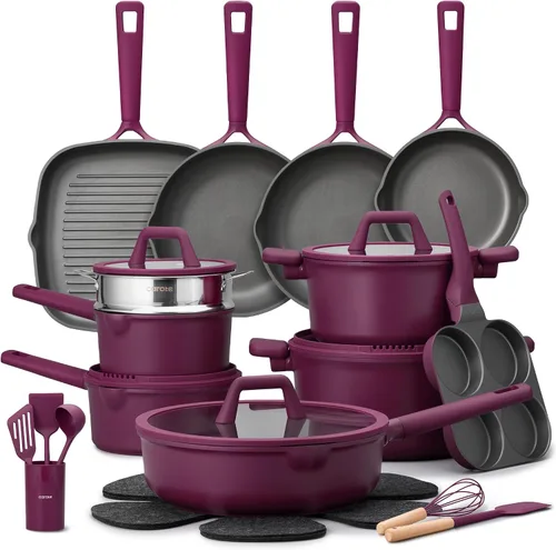 Vista 10 de CAROTE Juego de 31 piezas de ollas y sartenes, juego de utensilios de cocina antiadherentes de cocina antiadherente de inducción de titanio sin