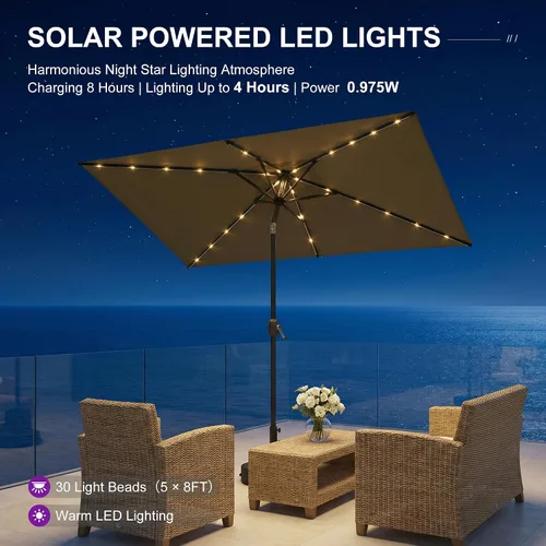 Vista 2 de PURPLE LEAF Sombrilla LED para patio y piscina, 5 x 8 pies, con base para Beige
