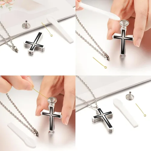 Vista 4 de XIUDA Collares de urna de cruz para cenizas con colgante de cremación de cristal para cenizas humanas, recuerdo conmemorativo, joyería de cremación